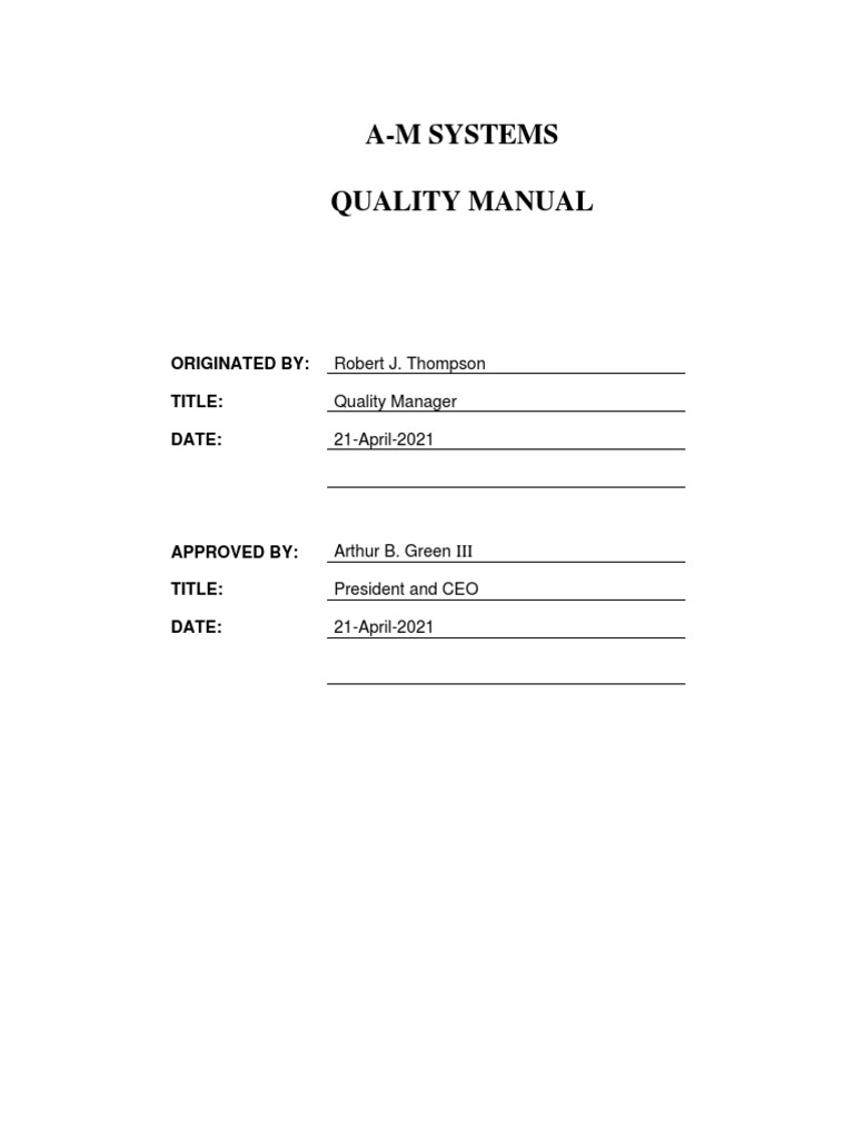 AM Systems Quality Manual Originated By Title Date PDF Medical Device Quality