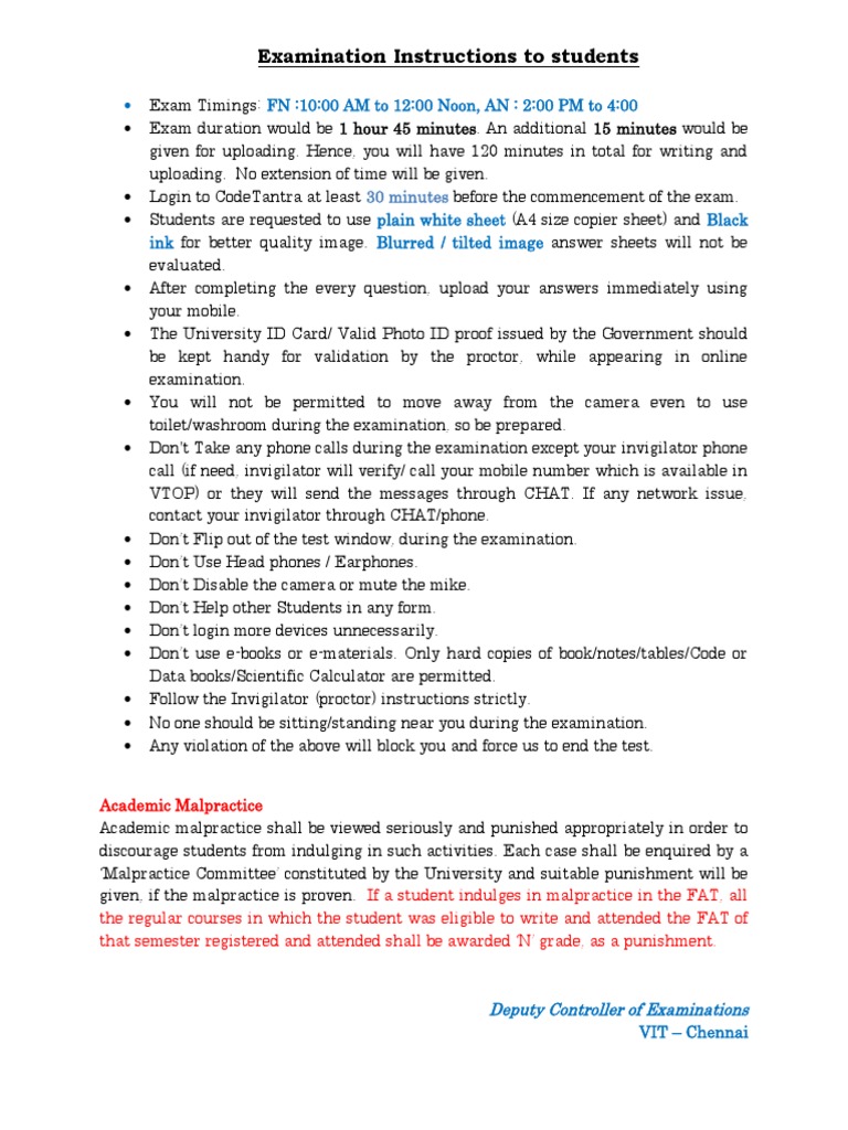 Exam Instructions for VIT Chennai Students | PDF | Test (Assessment ...