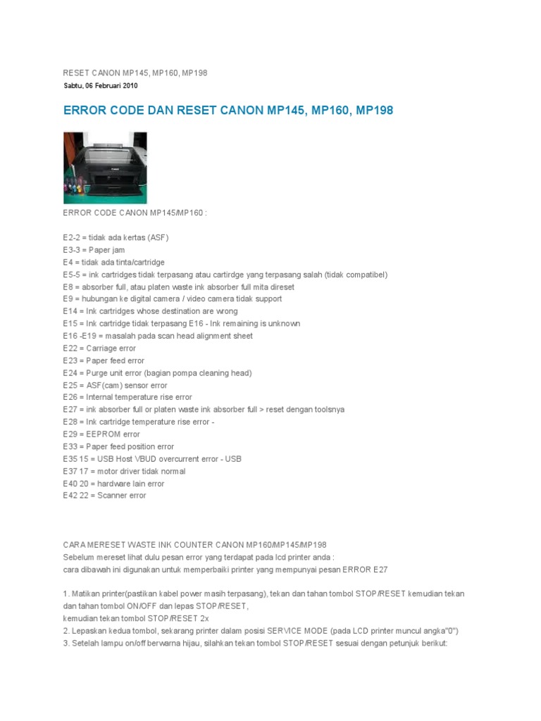 Reset Printer Canon MP145 dan Error Codes | PDF