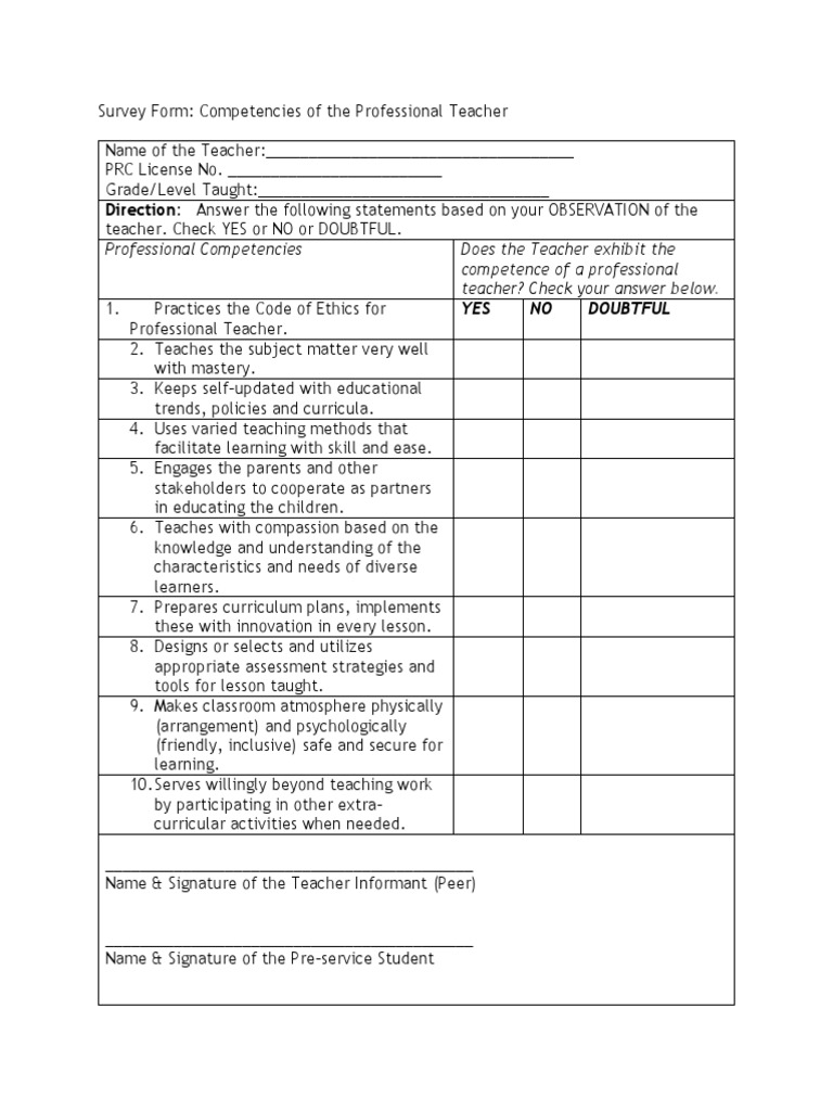 Teacher Competency Observation Survey | PDF