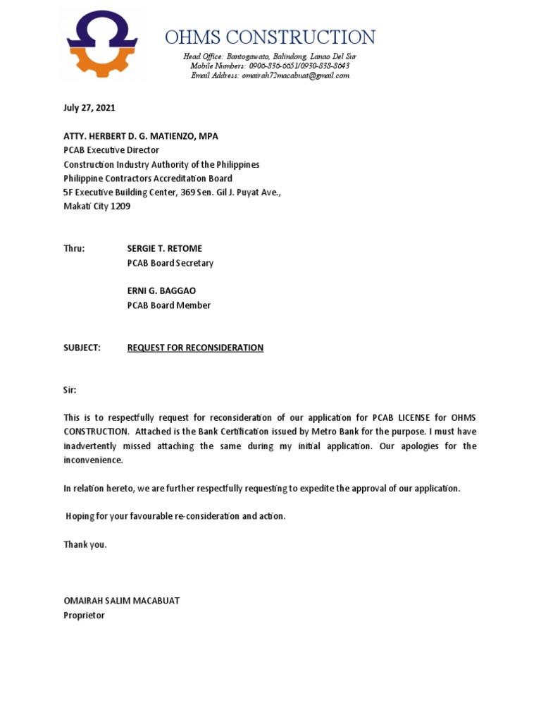 Request for PCAB License Reconsideration | PDF
