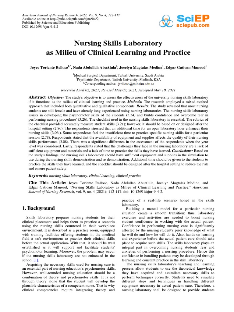 Nursing Skills Laboratory As Milieu of Clinical Learning and Practice ...