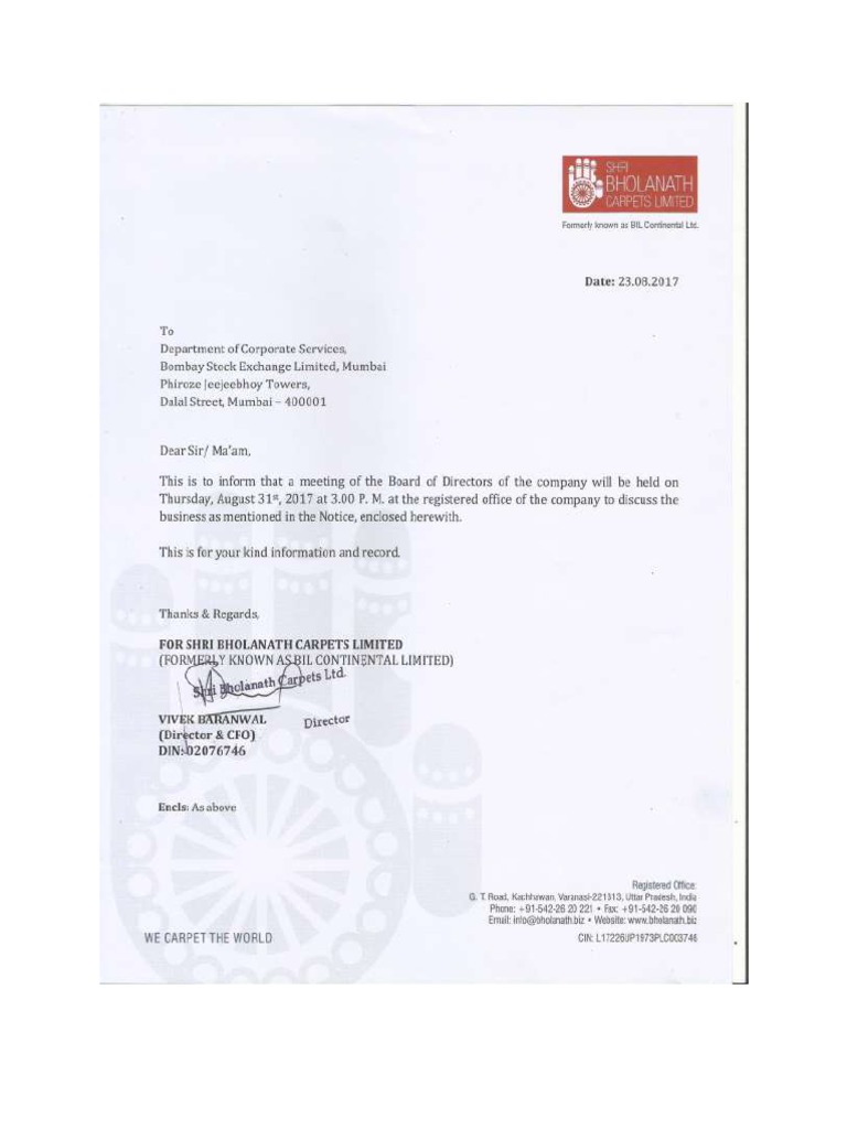 Notice Of Board Meeting Agenda 31 08 2017 Pdf Corporations Business