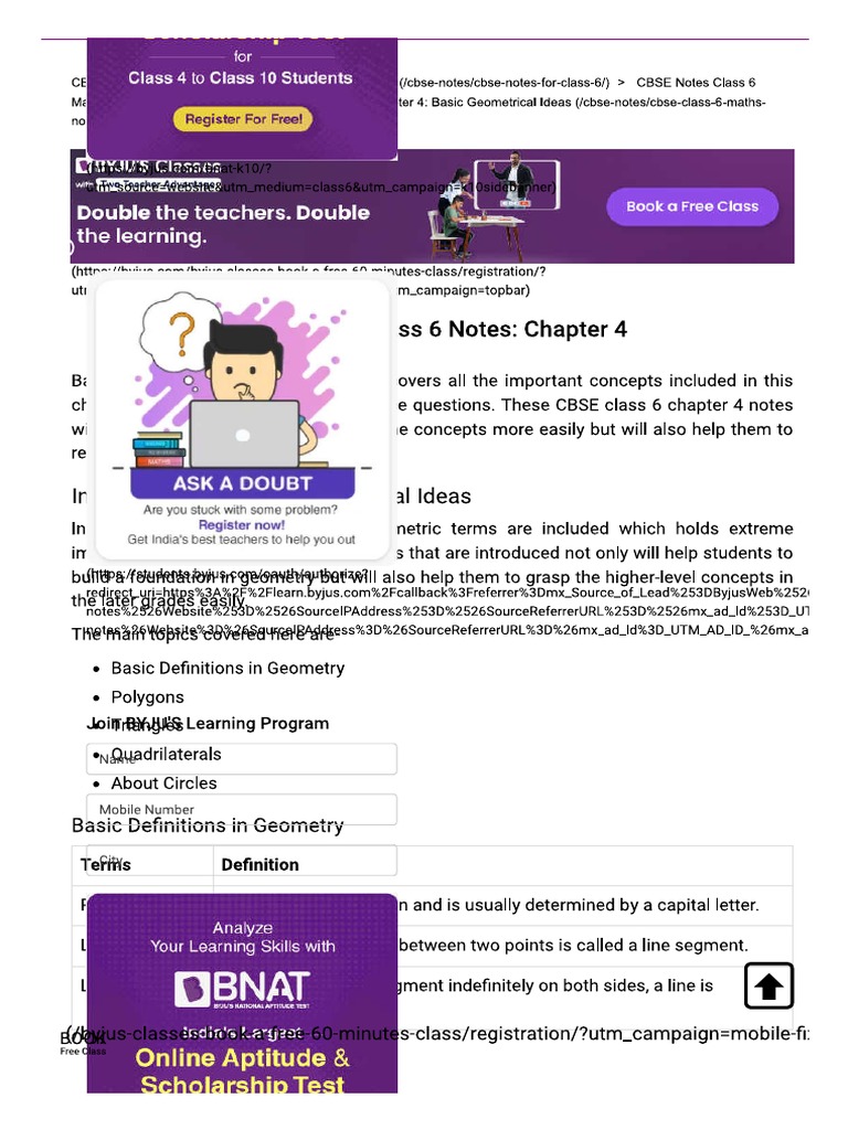 Basic Geometrical Ideas Class 6 Notes With Examples and Questions | PDF