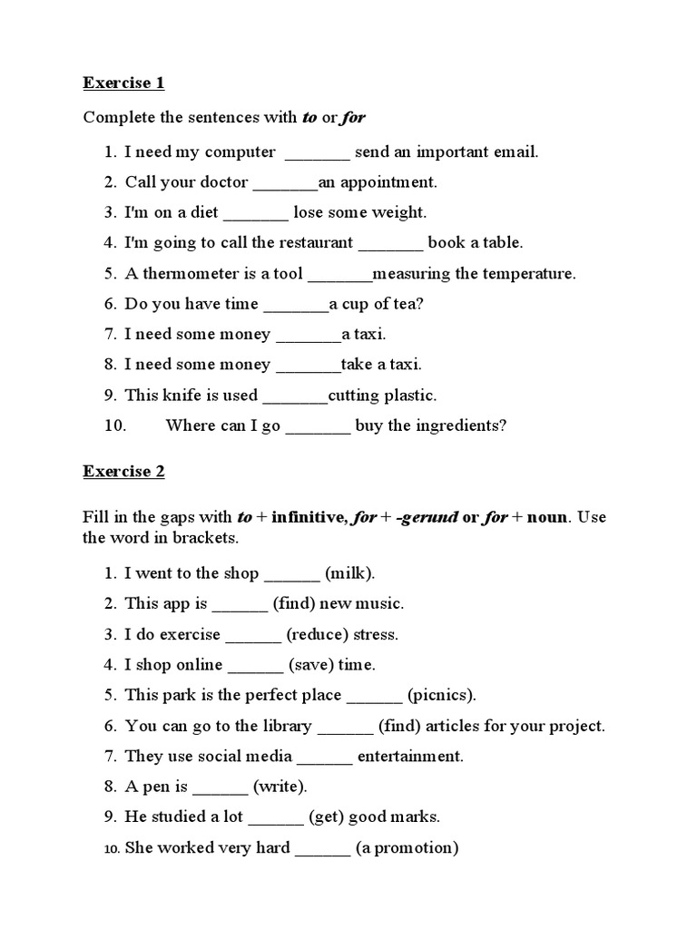 To Vs For - Purpose Exercises | PDF