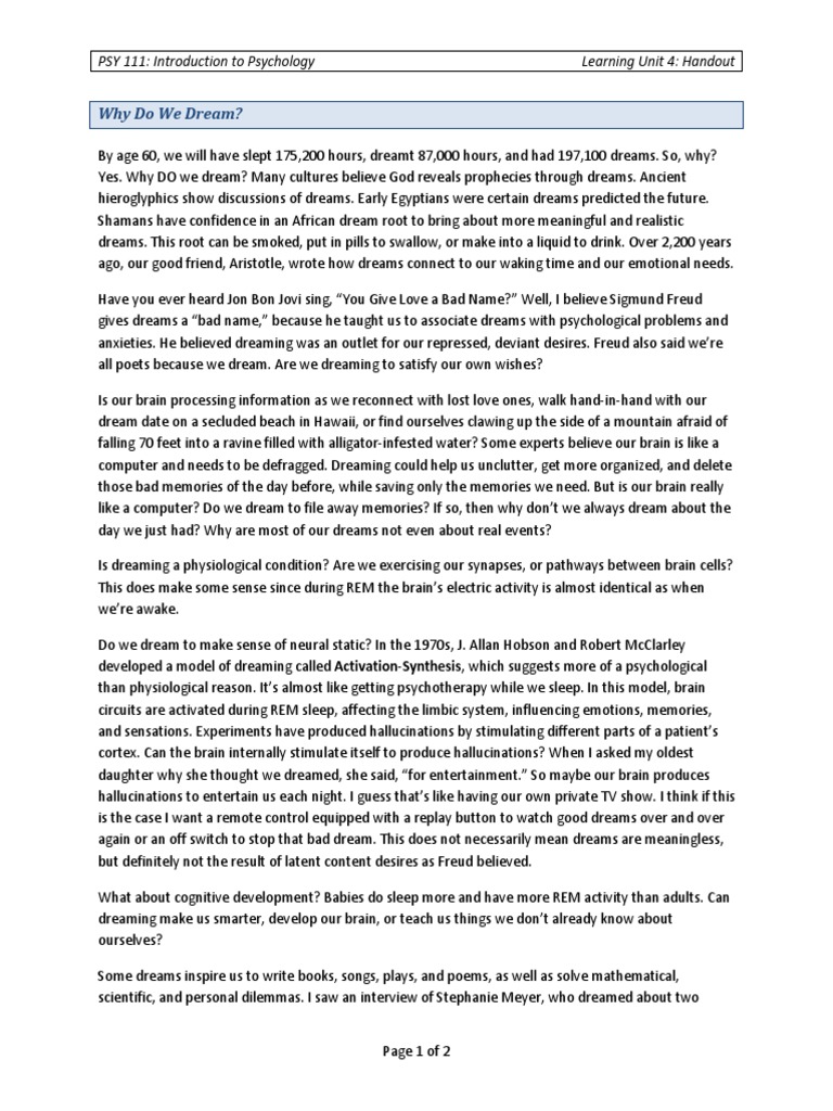 Why Do We Dream?: PSY 111: Introduction To Psychology Learning Unit 4