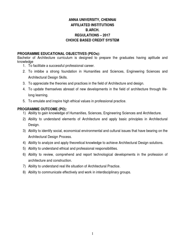 Anna University, Chennai Affiliated Institutions B.Arch. Regulations ...