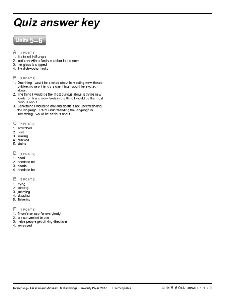 Quiz Answer Key: Units | PDF | Career & Growth | Language Arts & Discipline