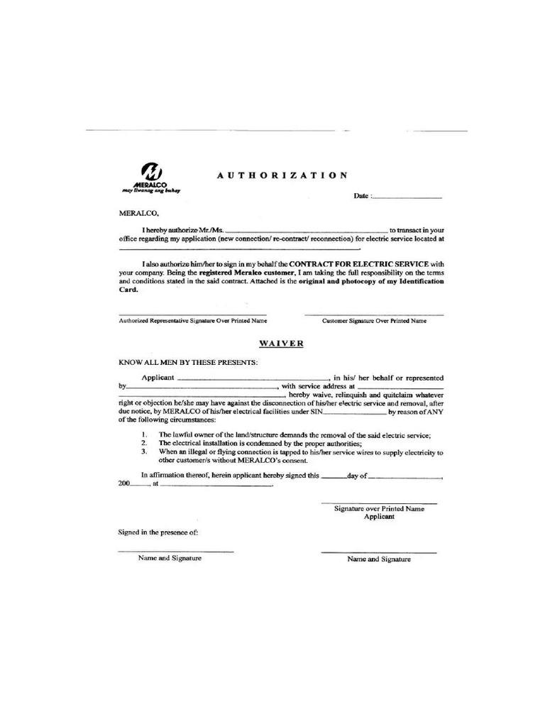 Meralco Letter of Authorization and Waiver PDF