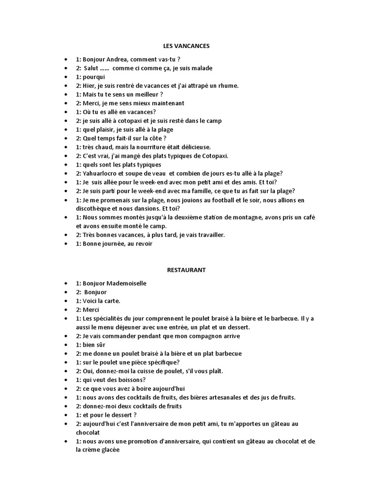 Dialogues en français A2 : Vacances et plus | PDF | Nourritures ...