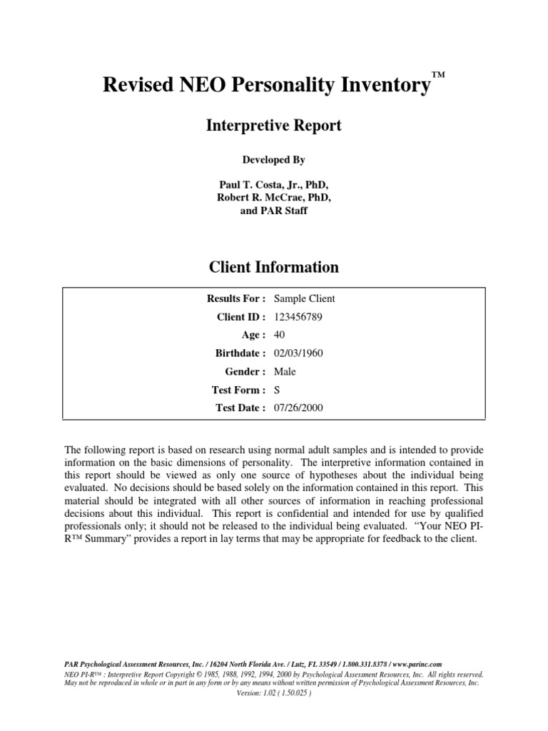 NEO PIR IR Sample Report | PDF | Mental Disorder | Personality Disorder