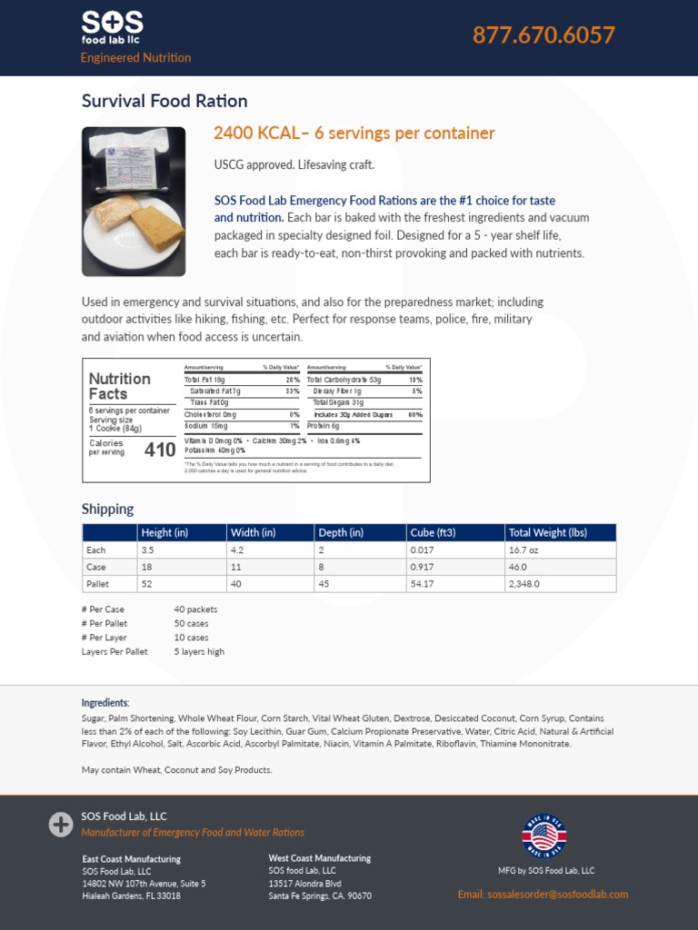 Emergency Survival Food Nutrition Facts | PDF | Foods | Fat