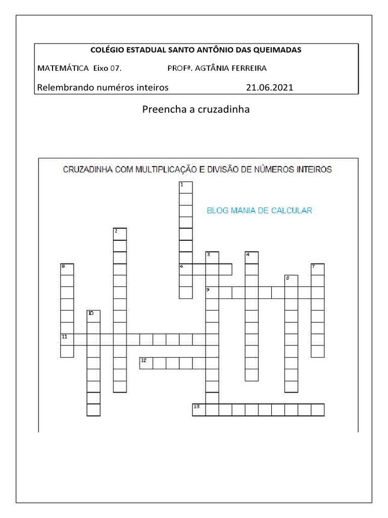 Cruzadinha de Matemática com Multiplicação e Divisão