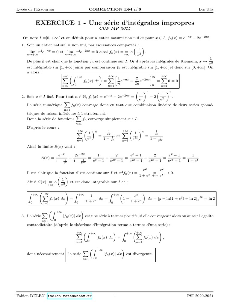 Correction DM n°6 : Intégrales et séries | PDF | Limite (mathématiques ...