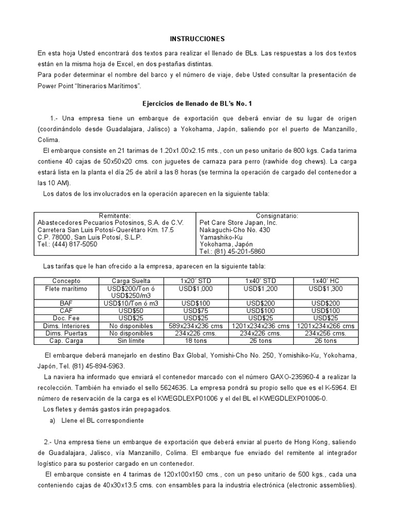 Ejemplo De Conocimiento De Embarque Pdf Envío Comercio