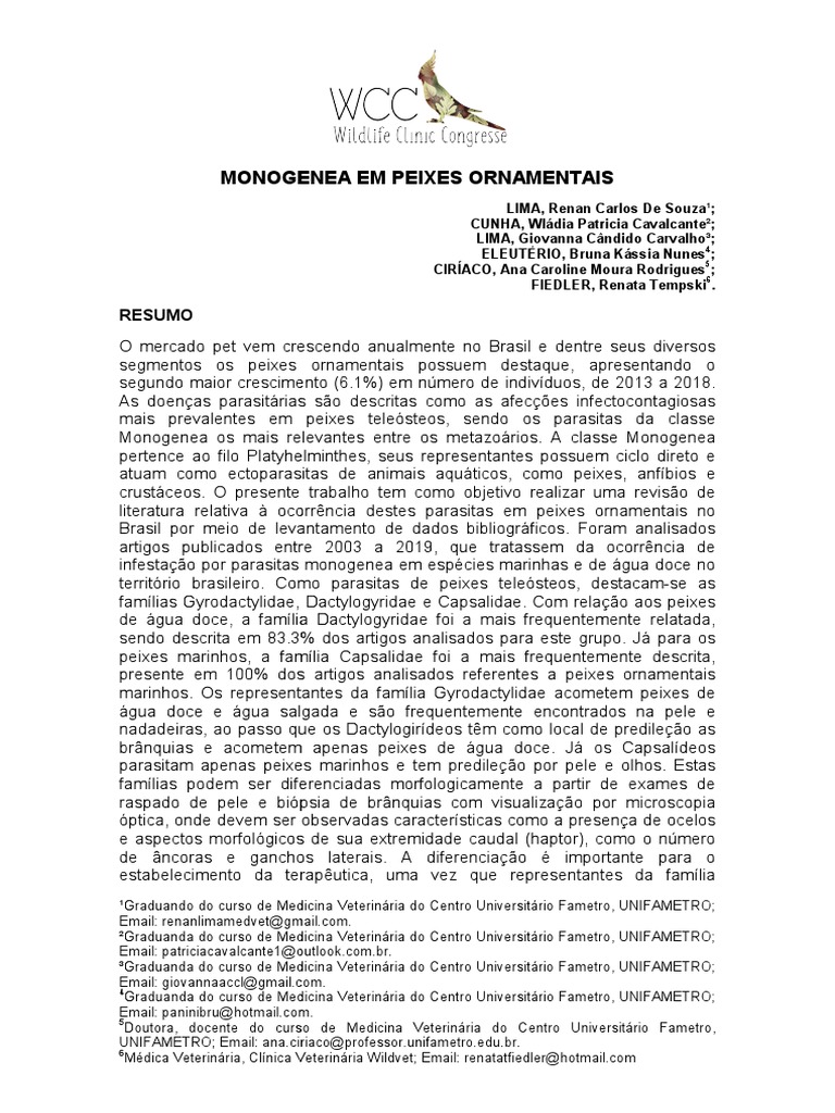 Monogenea em Peixes Ornamentais | PDF | Peixes | Medicina Veterinária