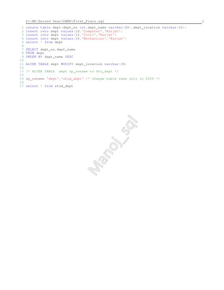 SQL Commands for Department Table Management | PDF