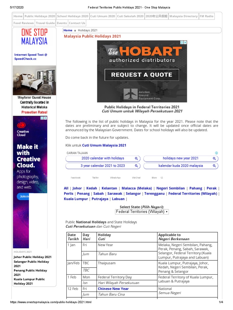 Federal Territories Public Holidays 2021 - One Stop Malaysia | PDF