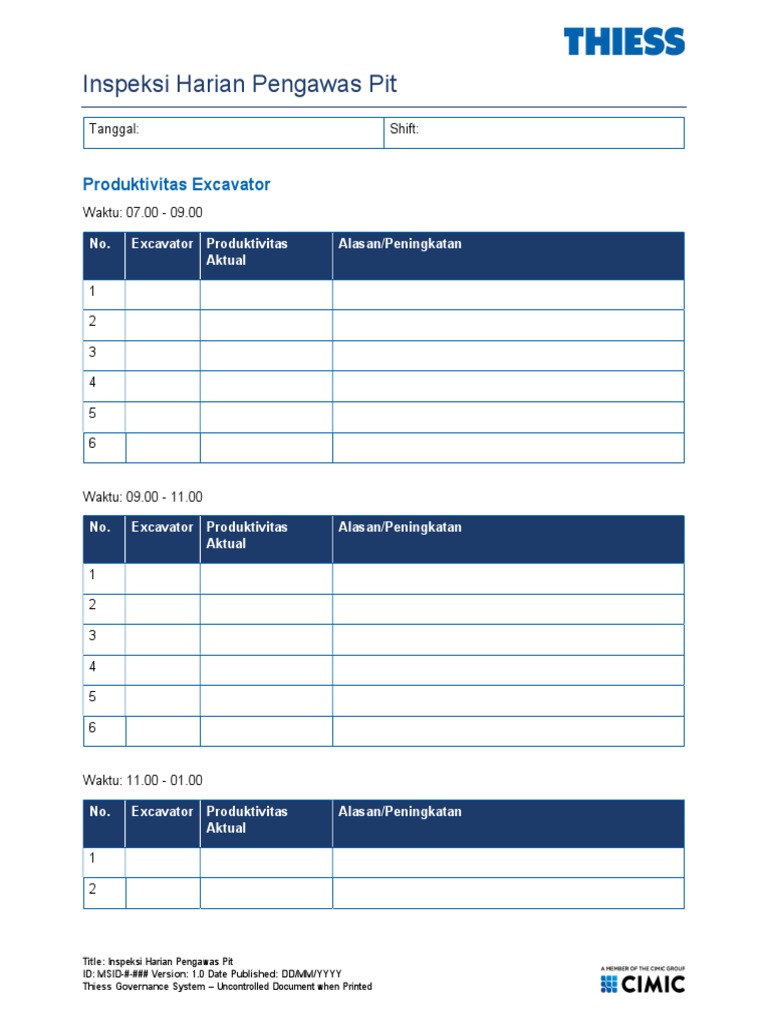 Pit Supervisor Daily Inspection Form - R1 | PDF | Bisnis | Teknologi ...