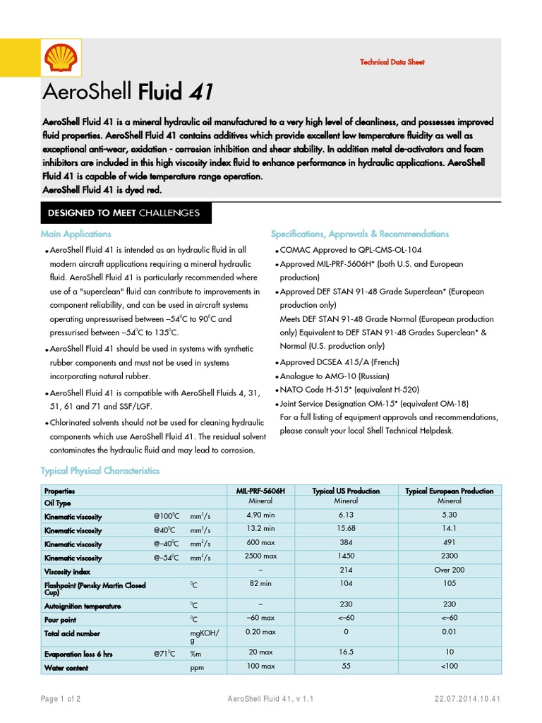 Aeroshell Fluid 41: Main Applications Specifications, Approvals ...