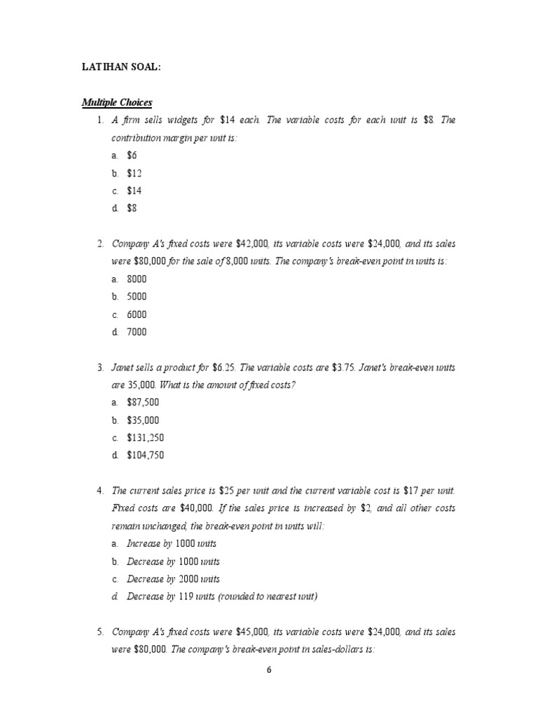Break-Even Analysis Practice Questions | PDF | Business | Accounting