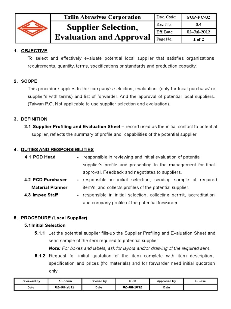 SOP-PC-02 V3.4 Supplier Selection and Evaluation | PDF | Specification ...
