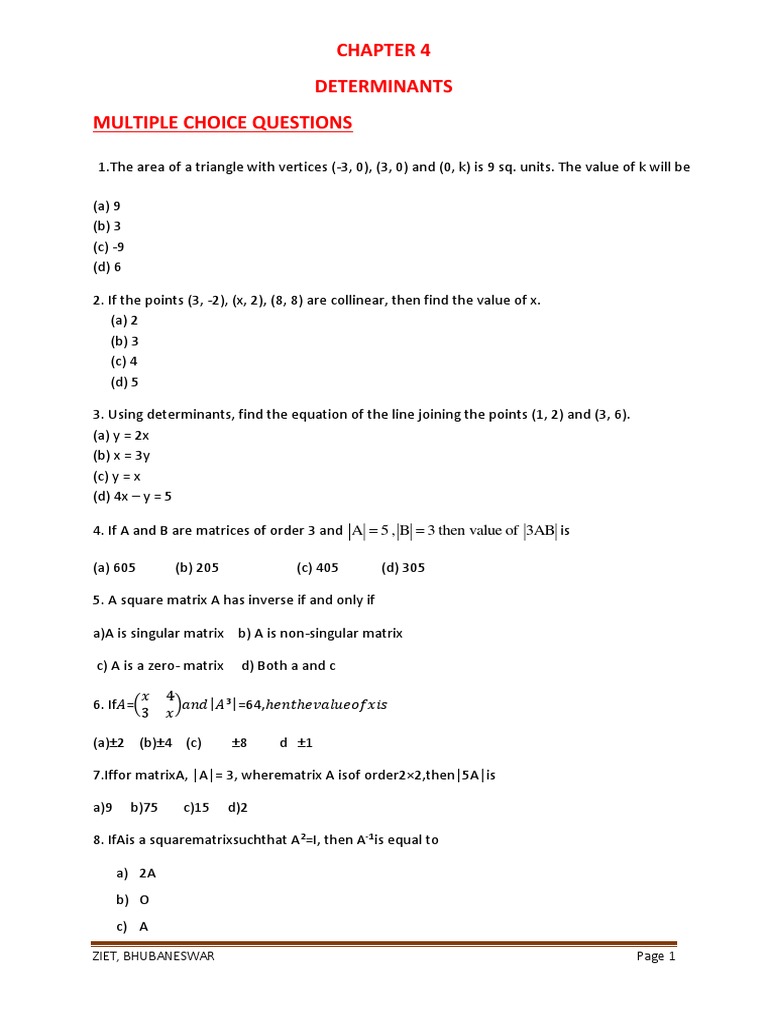 CH 4 MCQ PDF Determinant Matrix (Mathematics)
