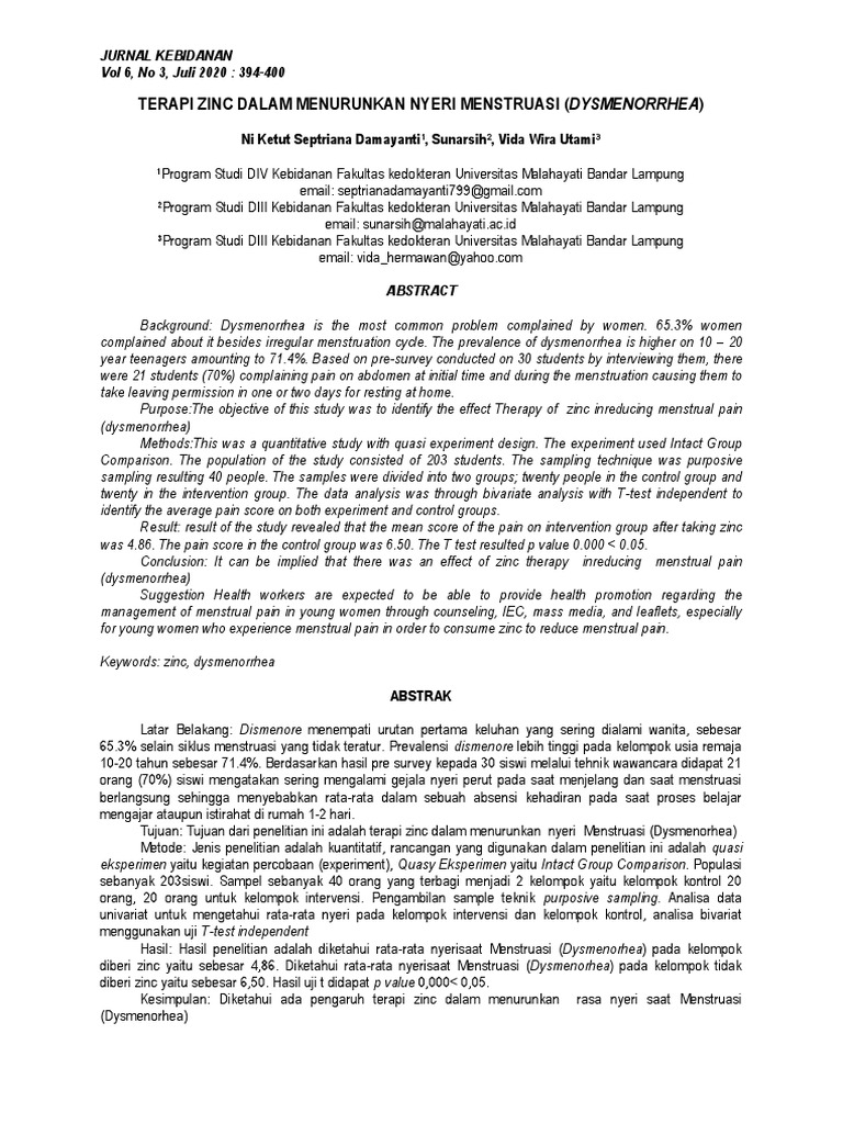 Terapi Zinc Dalam Menurunkan Nyeri Menstruasi (Dysmenorrhea) PDF