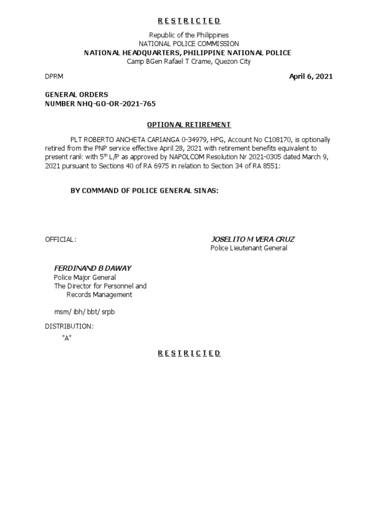 Optional Retirement of PLT Carianga | PDF