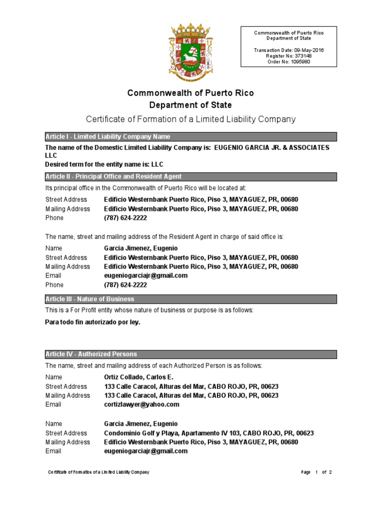 Puerto Rico LLC Formation Certificate | PDF | Limited Liability Company ...