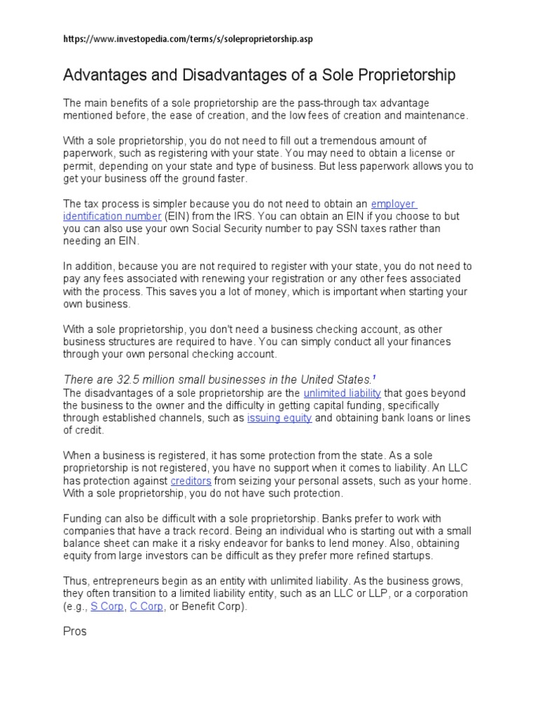 Advantages and Disadvantages of A Sole Proprietorship Employer