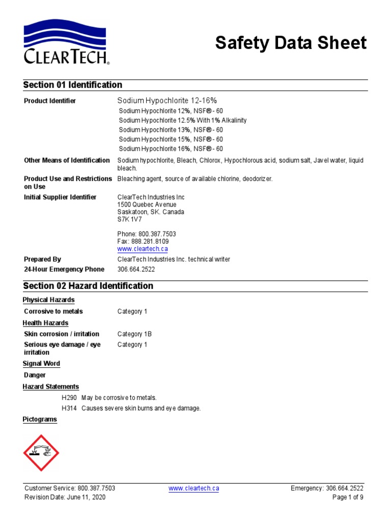 Sodium Hypochlorite 1216 CTI SDS June 11, 2020 PDF Chlorine