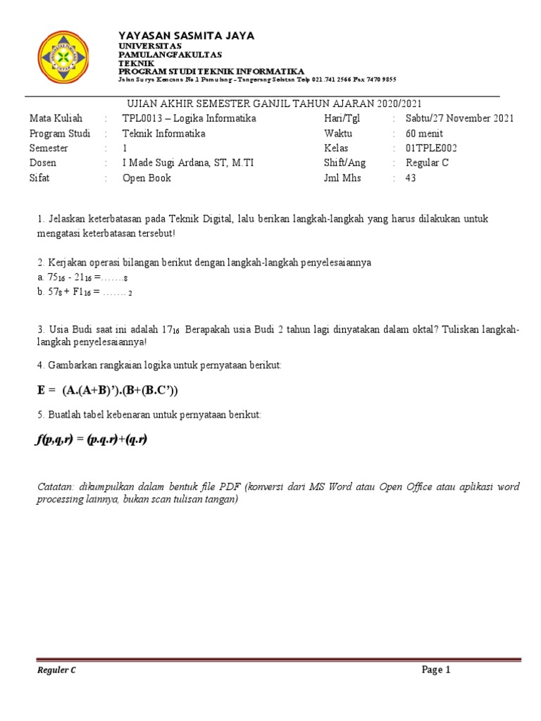 Soal UAS 01TPLE002 - Logika Informatika-02097-I Made Sugi Ardana | PDF