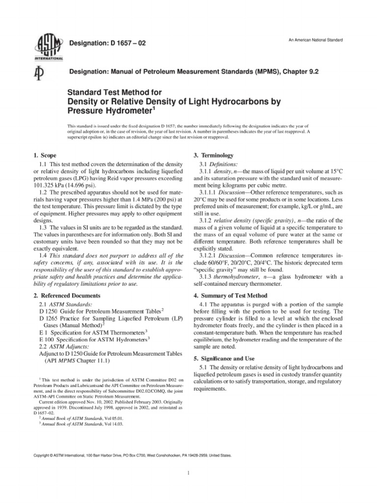 ASTM D1657 LPG. Density by Preassure Hydrometer PDF Valve Pressure