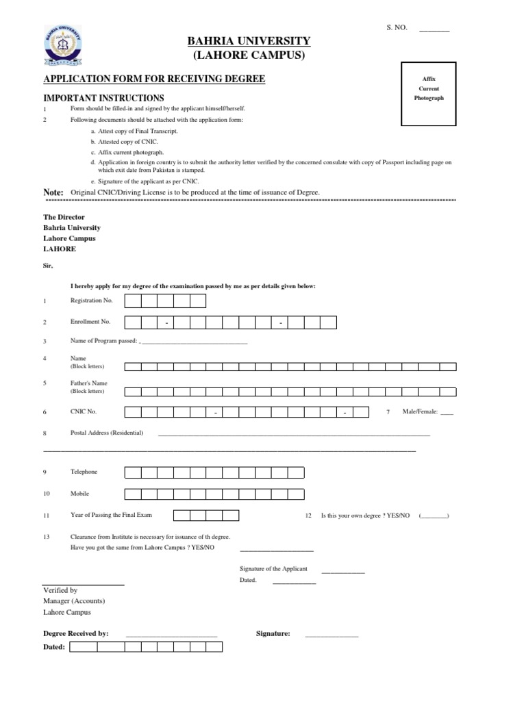 Bahria University (Lahore Campus) Application Form For Receiving