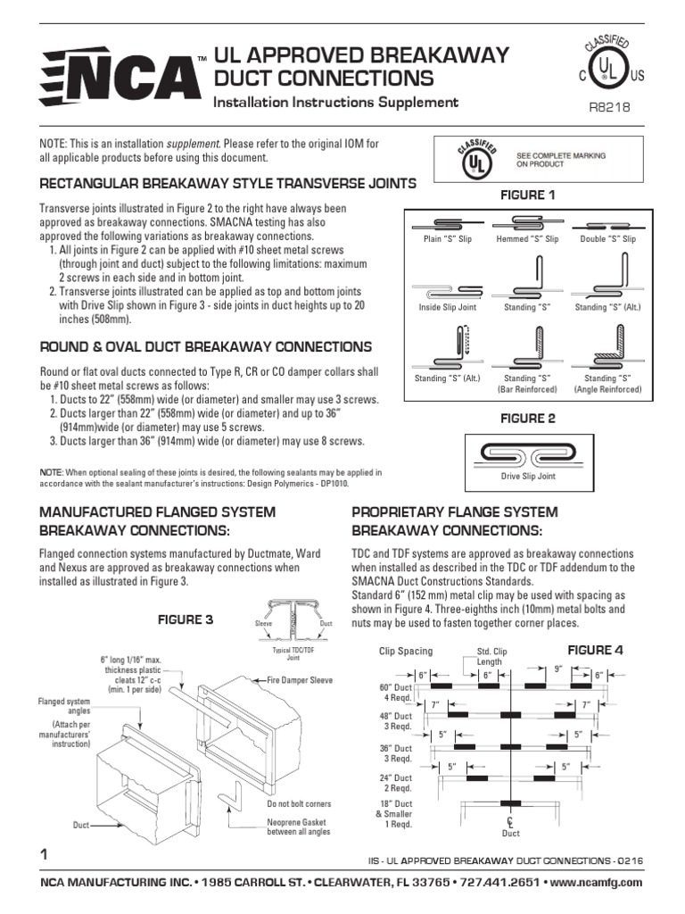 Ul Approved Breakaway Duct Connections: Installation Instructions ...