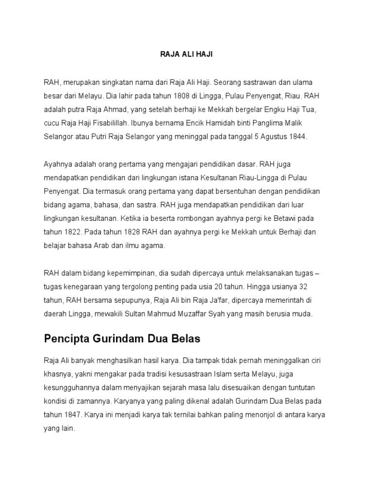 Biografi Raja Ali Haji, Bapak Bahasa Indonesia | PDF | Perjalanan | Sejarah