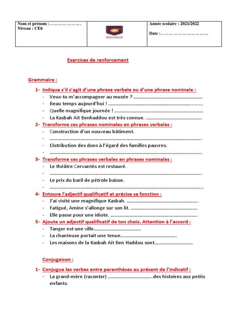 Exercice Phrase Verbale Et Nominale Exercices de Renforcement | PDF | Phrase | Typologie linguistique