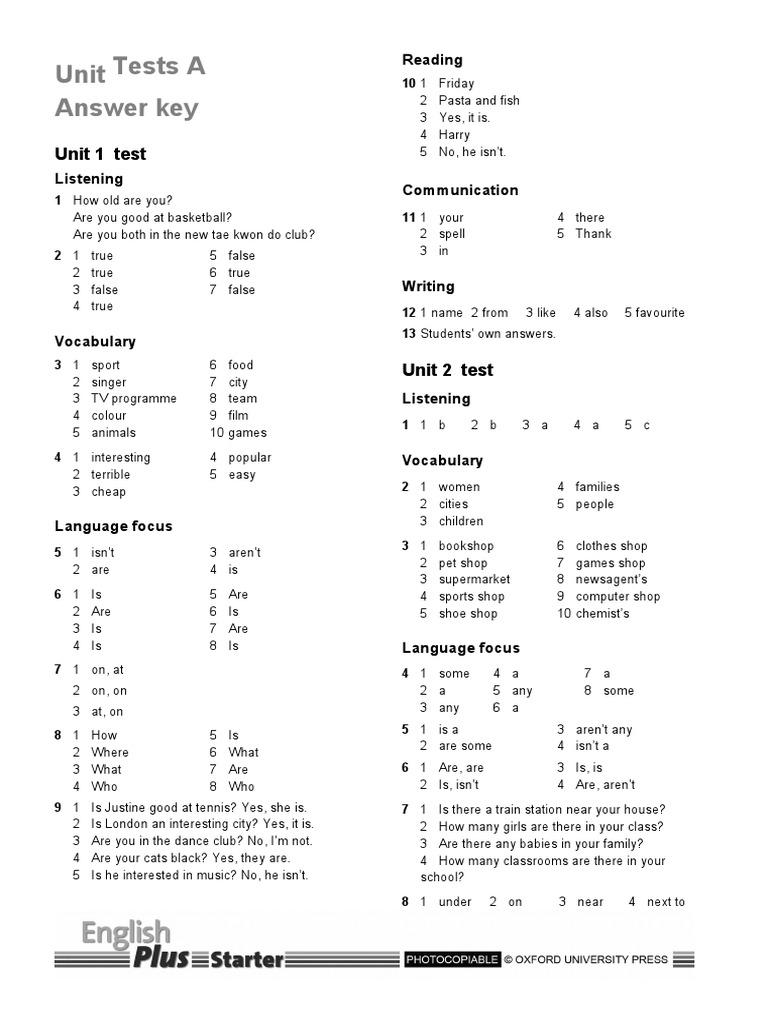Unit Tests Answer Key Overview | PDF | Vocabulary