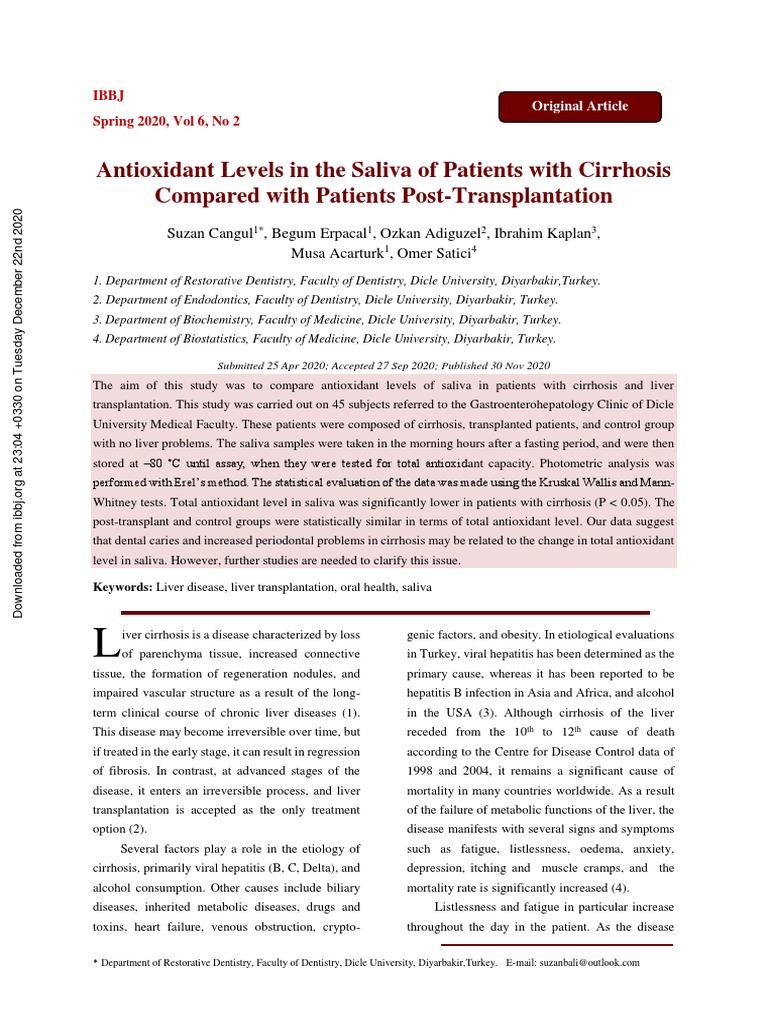 Antioxidant Levels in The Saliva of Patients With Cirrhosis Compared