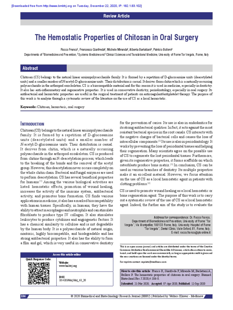 The Hemostatic Properties of Chitosan in Oral Surgery Review Article PDF Wound Healing
