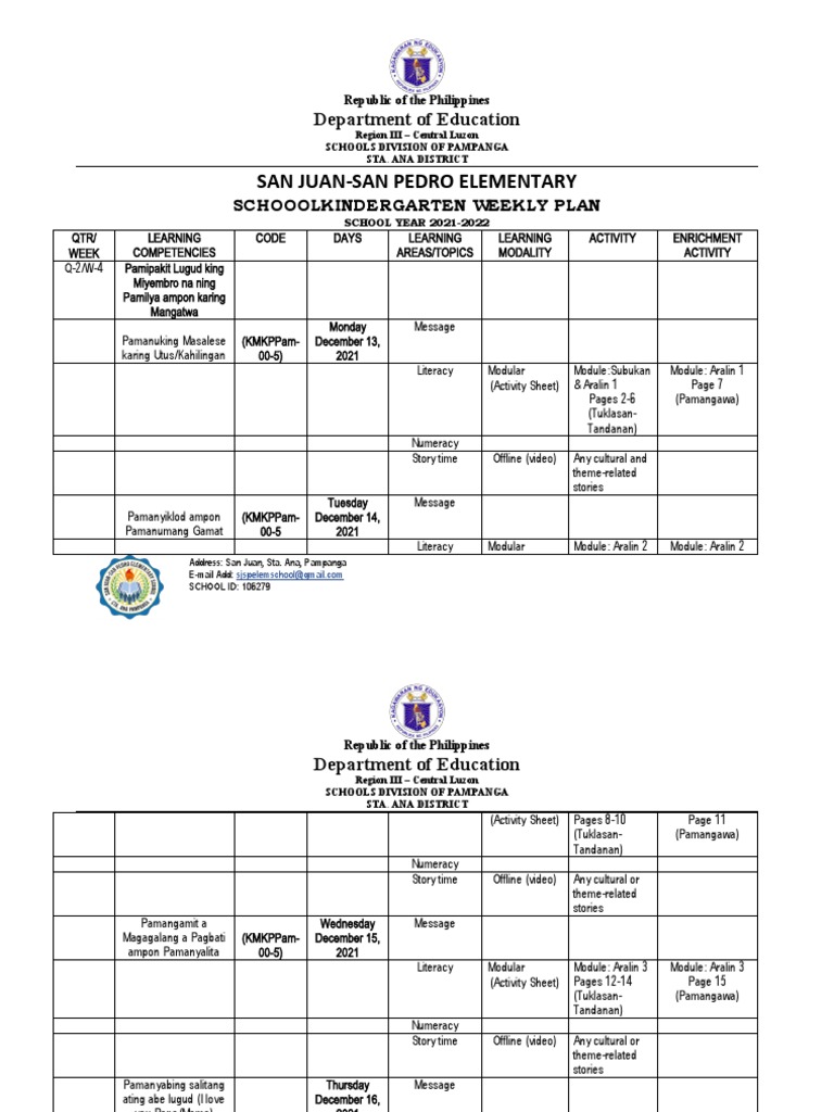 Weekly Home Learning Plan Pdf