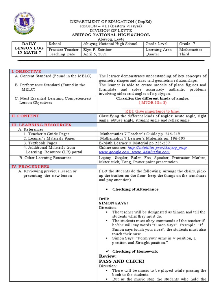 Lesson Plan: Classifying Angles for Grade 7 | PDF | Angle | Educational ...