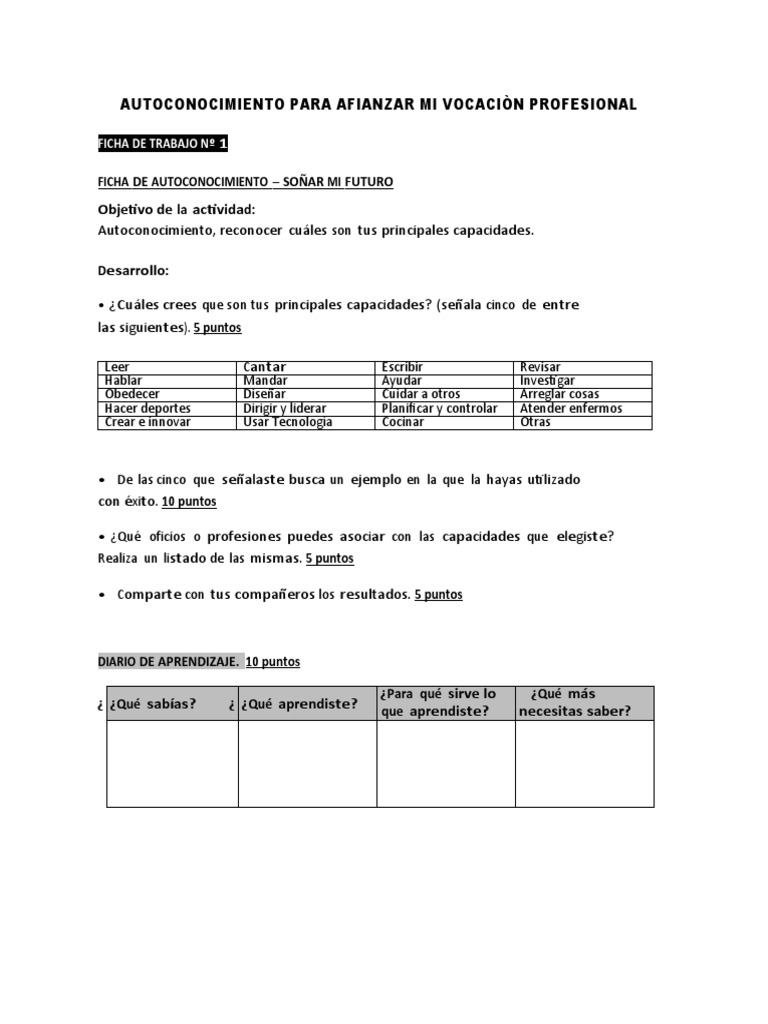 Autoconocimiento para Afianzar Mi Vocaciòn Profesional. Ficha 1 | PDF