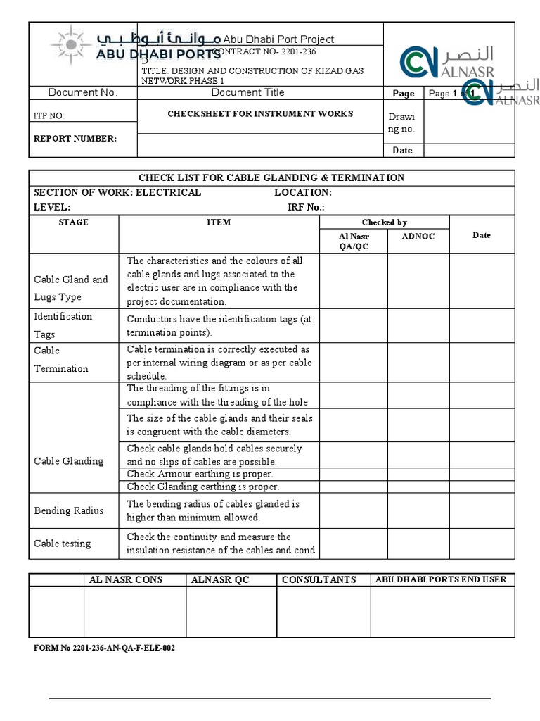 Cable Glanding & Termination Checklist | PDF | Electrical Wiring ...