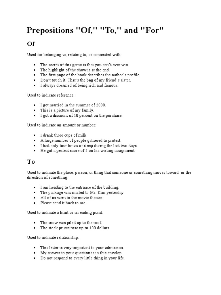 Understanding Prepositions: Of, To, For | PDF | Art