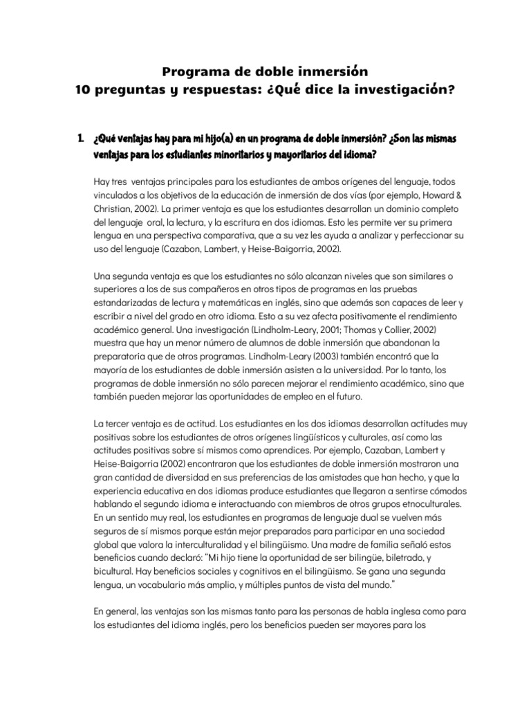 Ventajas del Programa de Doble Inmersión | PDF | Multilingüismo ...