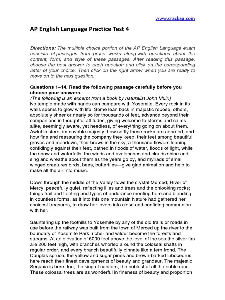 AP English Language Practice Test 04 | PDF | Yosemite National Park ...