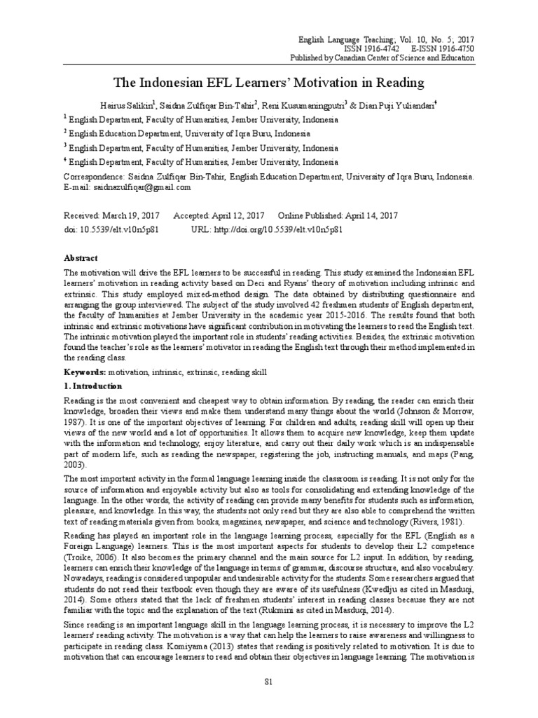 The Indonesian EFL Learners' Motivation in Reading | PDF | Motivational ...