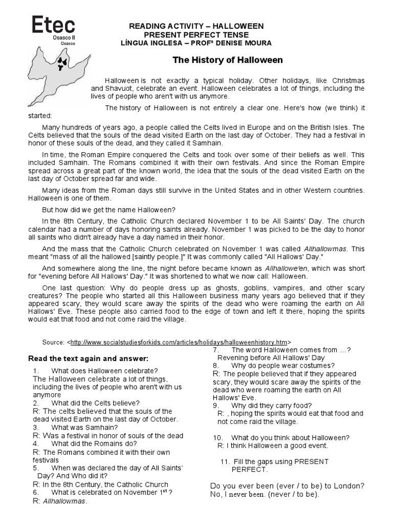 The History of Halloween Reading Activity Halloween Present Perfect